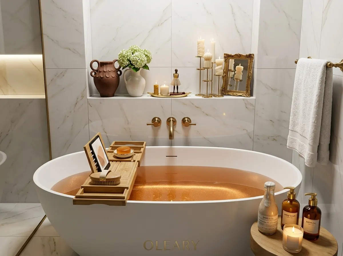 Freestanding oval hotel bathtub with white exterior and copper-toned interior against marble-effect tiles with brass wall fit