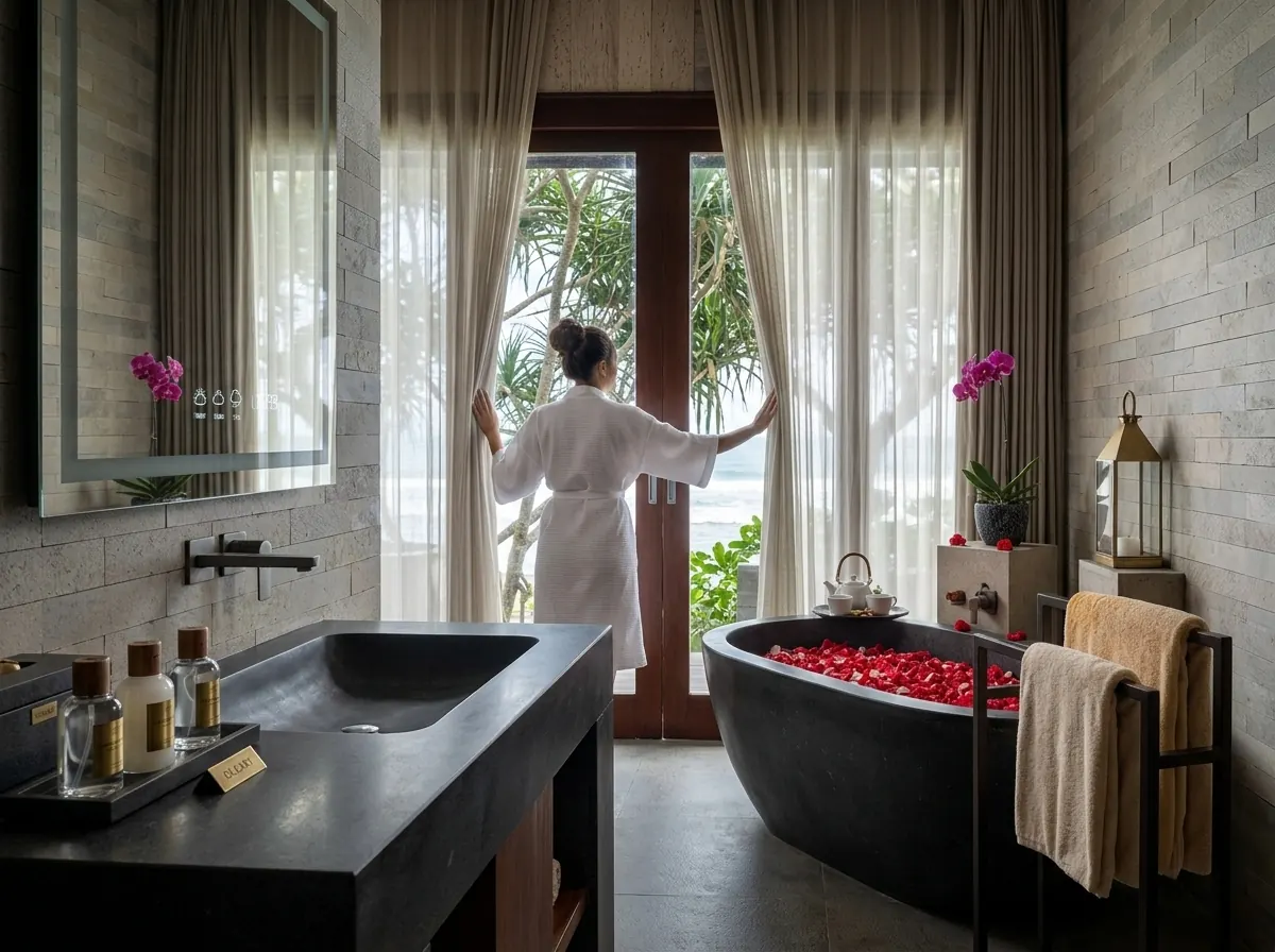 Luxury hotel bathroom with dark stone vanity, freestanding soaking tub filled with rose petals, and ocean view beyond sheer c