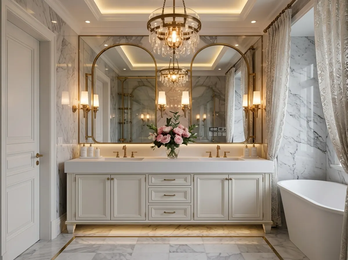 Luxury hotel bathroom with double vanity, white solid surface countertop, gold fixtures, crystal chandelier, and freestanding