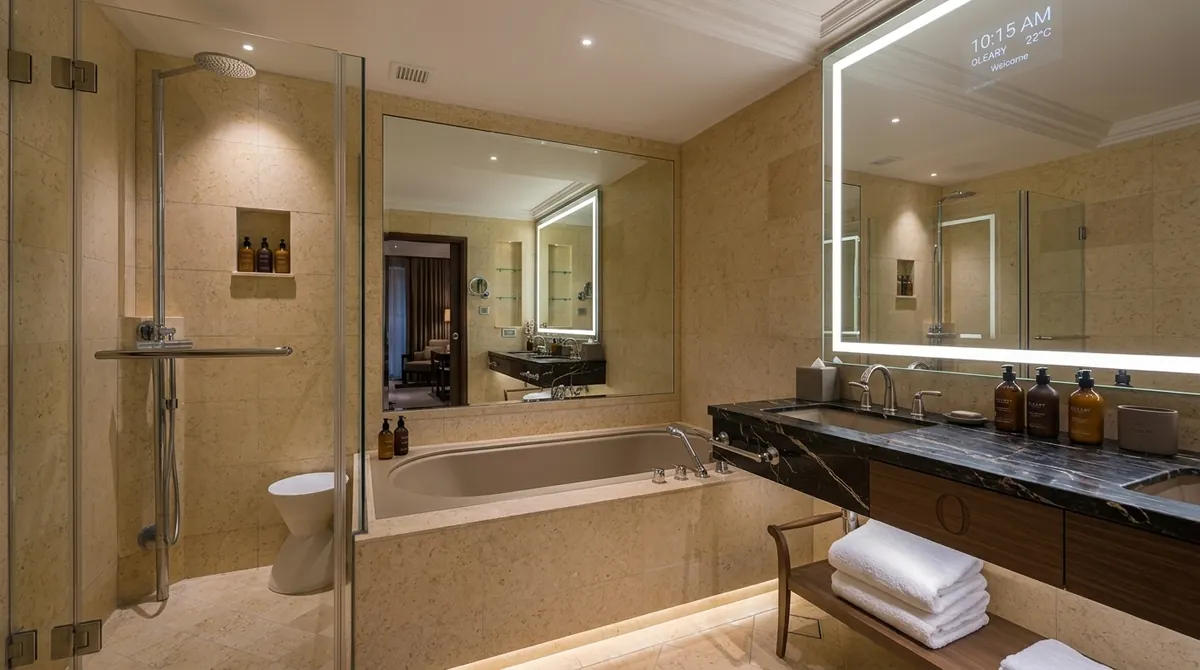 Luxury hotel bathroom with marble-clad soaking tub, glass shower enclosure, dark stone vanity top, and smart backlit mirror.