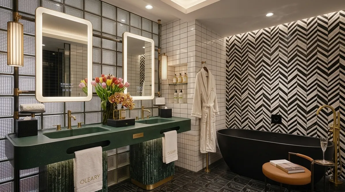 Upscale hotel bathroom with green double vanity, brass fixtures, dual lighted mirrors, black freestanding soaking tub, and he