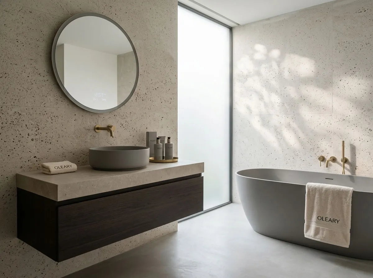 Freestanding grey oval bathtub with brass wall-mounted faucet in a modern hotel bathroom with stone-effect walls.