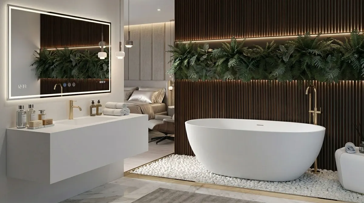 Freestanding white solid surface bathtub in a luxury bathroom with wood slat walls, greenery, and gold fixtures.