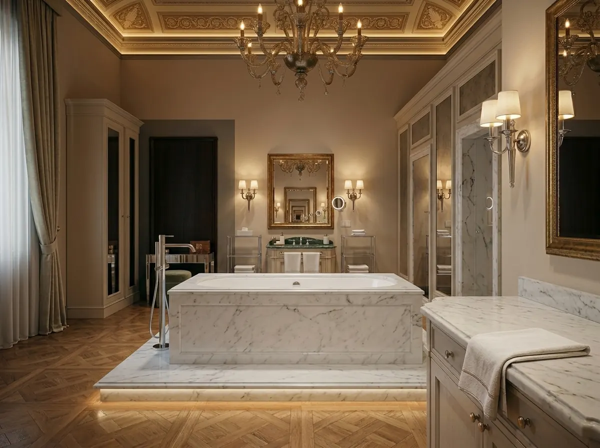 Freestanding marble-clad bathtub on a raised platform in a luxury hotel bathroom with chandelier and parquet flooring.