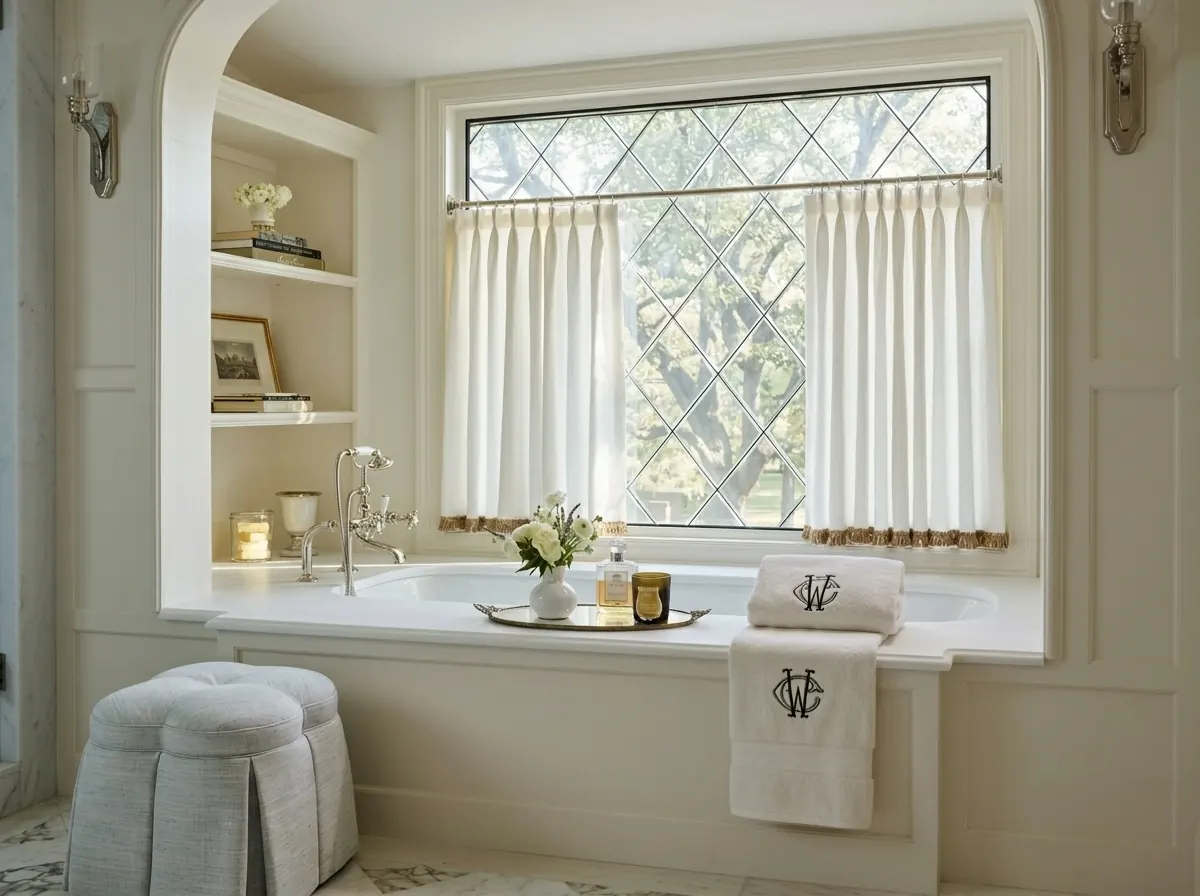 Built-in white bathtub set beneath a leaded glass window in an elegant bathroom with arched alcove and silver faucet fixtures