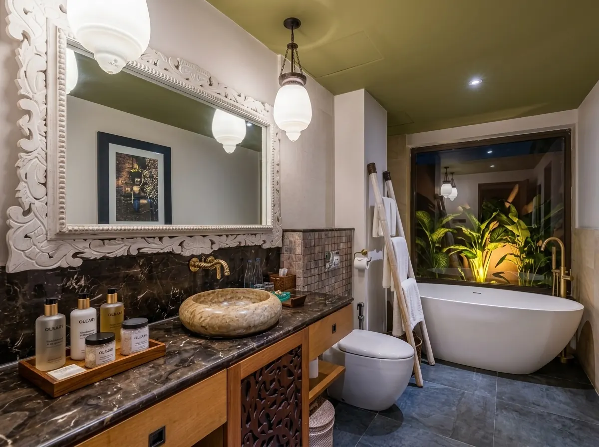 Boutique hotel bathroom with a white freestanding bathtub, marble vanity countertop, stone vessel sink, and tropical garden v