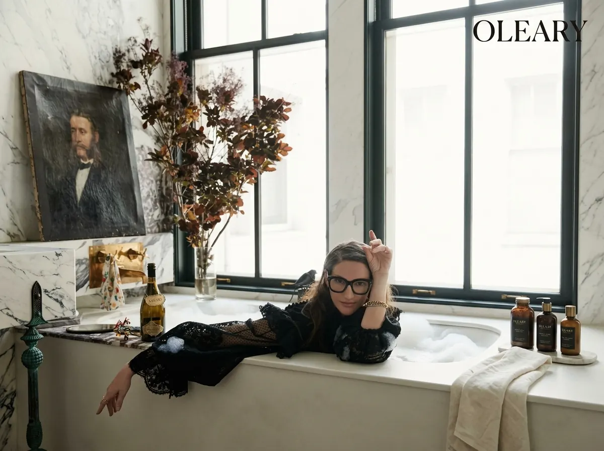 Woman relaxing in a white built-in bathtub surrounded by marble walls and large windows in an elegant bathroom setting.