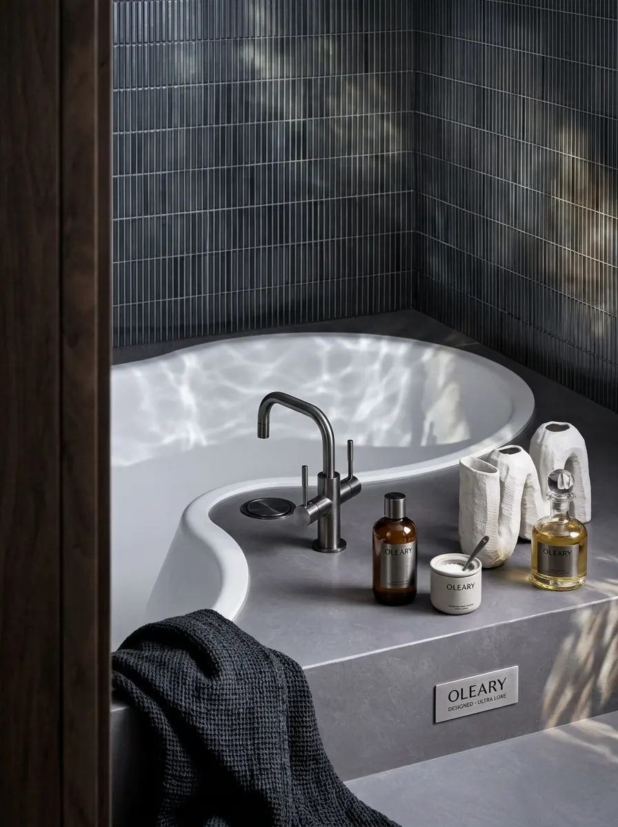 Recessed solid surface bathtub with curved white interior, matte faucet, and bath products on a grey stone surround against r