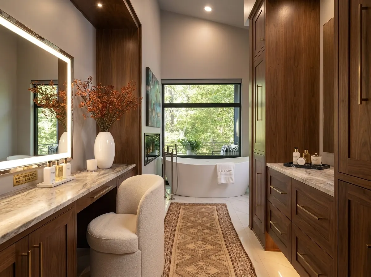 Luxury bathroom with marble vanity countertops, walnut cabinetry, and a freestanding soaking tub by a garden window.