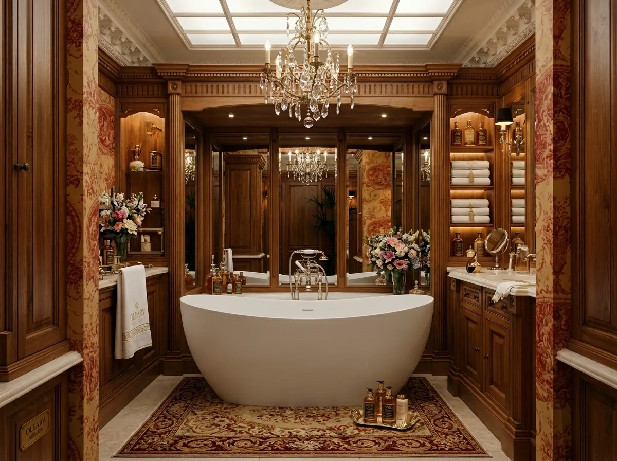 Luxury hotel bathroom with a freestanding white soaking tub, dark wood vanity countertops on both sides, and crystal chandeli