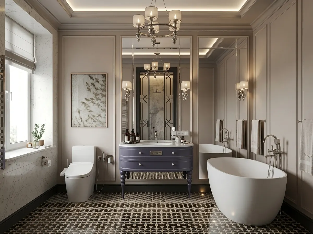 Elegant bathroom with undermount basin on a freestanding vanity countertop beside a white oval freestanding bathtub.
