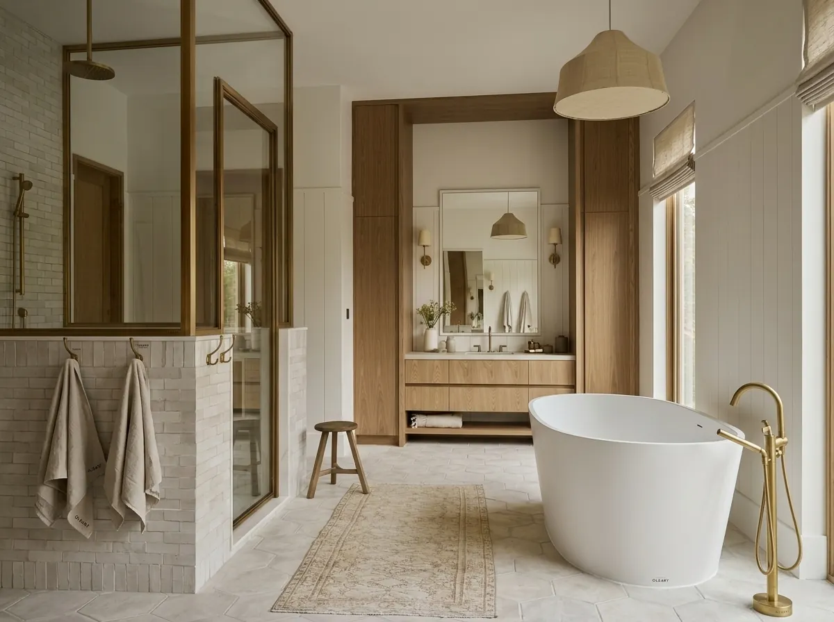 Freestanding white soaking tub beside a wood vanity with countertop basin, brass fixtures, and glass shower enclosure.