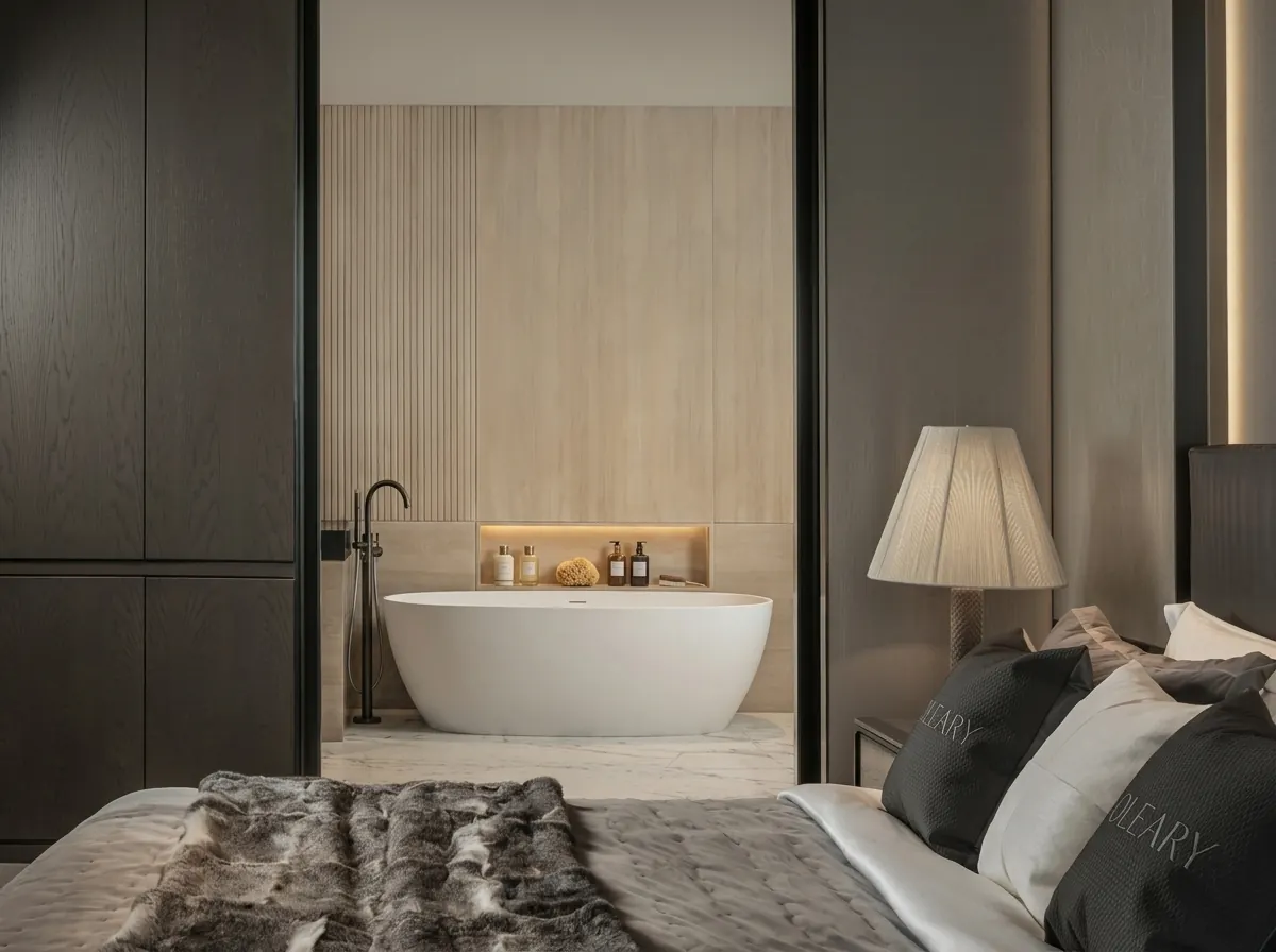 Freestanding solid surface bathtub in a luxury hotel suite bathroom, viewed through open bedroom doors with warm accent light