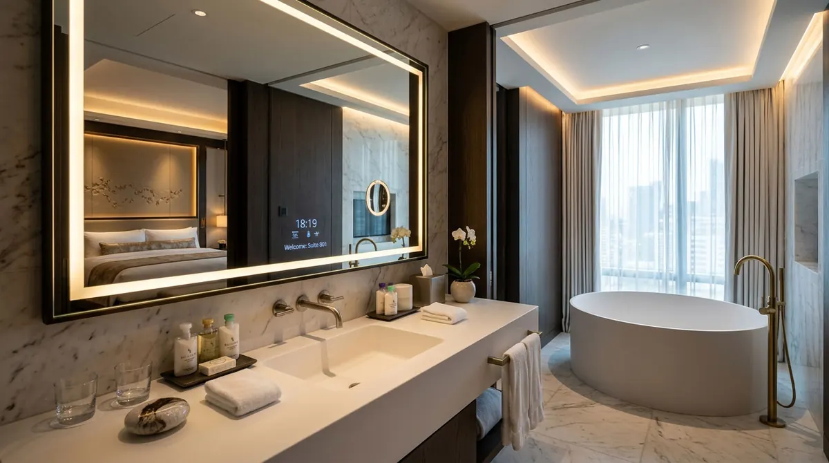 Luxury hotel bathroom with a white matte vanity top, dual sinks, marble walls, LED mirror, and a freestanding soaking tub.