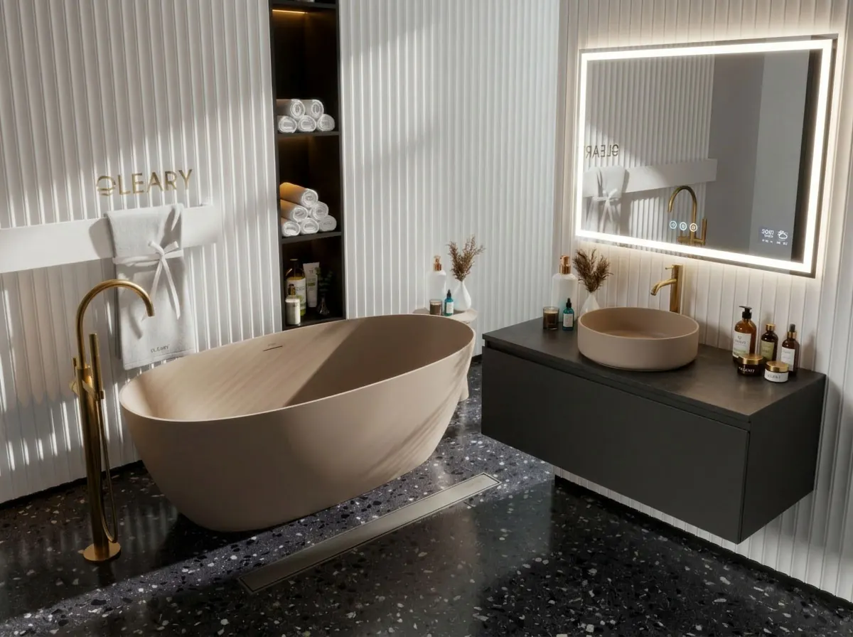 Modern bathroom with a beige freestanding tub, dark floating vanity, round vessel sink, gold fixtures, and a backlit mirror.