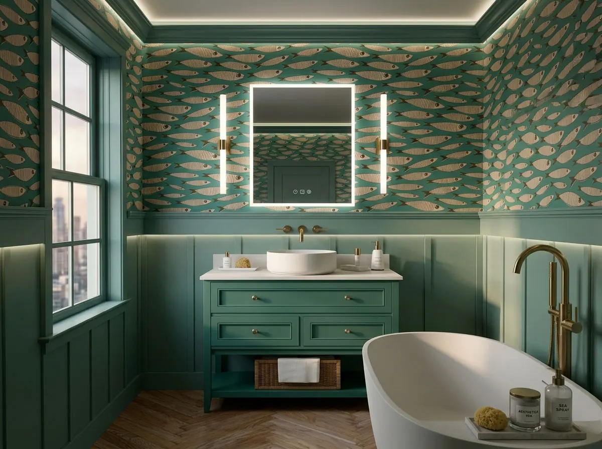 White oval freestanding soaking tub with brass floor-mount faucet in a green bathroom with fish-print wallpaper and matching 
