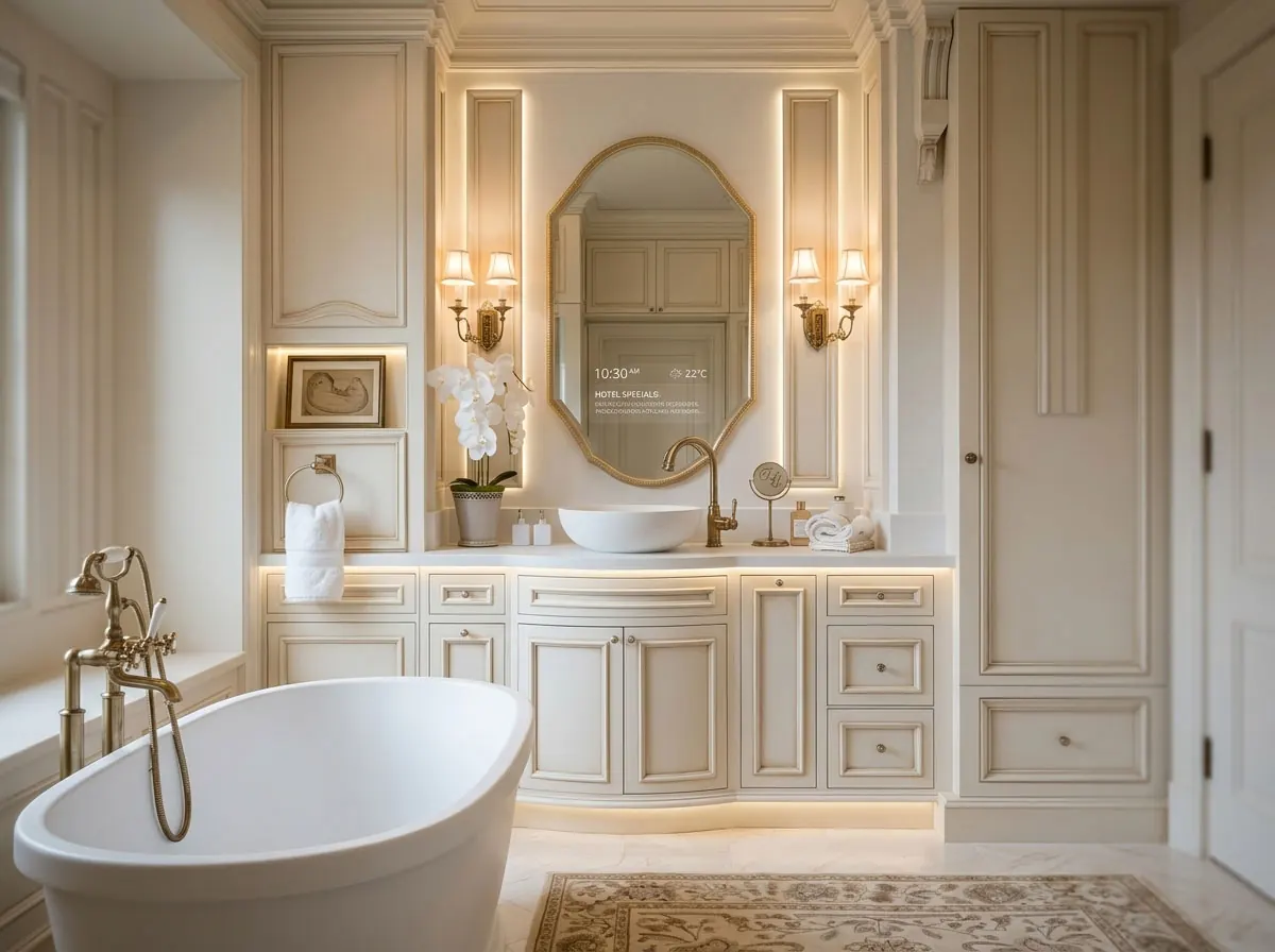 White vessel sink on a cream vanity beside a freestanding tub, with brass fixtures and a gold-framed mirror.