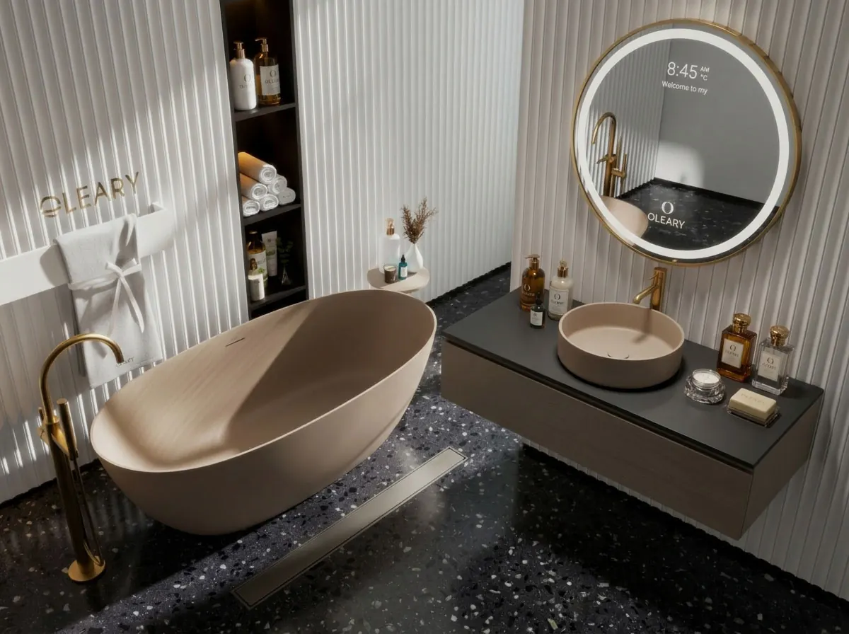 Freestanding oval soaking bathtub in beige stone beside a brass floor-mount faucet in a modern luxury bathroom.