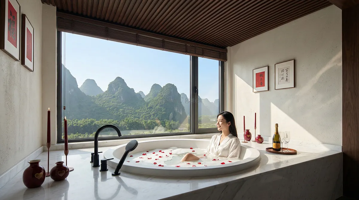 Woman relaxing in a white round soaking tub with rose petals, candles, and a mountain view through a large window.